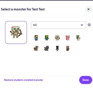 Può includere: Interfaccia digitale con la scritta "Seleziona un mostro per Test Test". L'interfaccia mostra una selezione di personaggi di mostri dei cartoni animati, tra cui uno scheletro con arco e freccia e un maiale. Un menu a tendina mostra "MC."