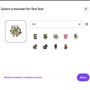 Puede incluir: Una interfaz digital con el texto "Selecciona un monstruo para Test Test". La interfaz muestra una selección de personajes de monstruos de dibujos animados, incluyendo un esqueleto con arco y flecha y un cerdo. Un menú desplegable muestra "MC". Botón morado "Listo".