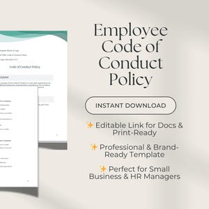 Op de afbeelding: Een digitaal document getiteld "Employee Code of Conduct Policy" met een turquoise en wit ontwerp. Het document bevat secties over verwacht en onacceptabel gedrag. De afbeelding bevat ook de tekst "Direct downloaden" en "Bewerkbare link voor documenten en printklaar."