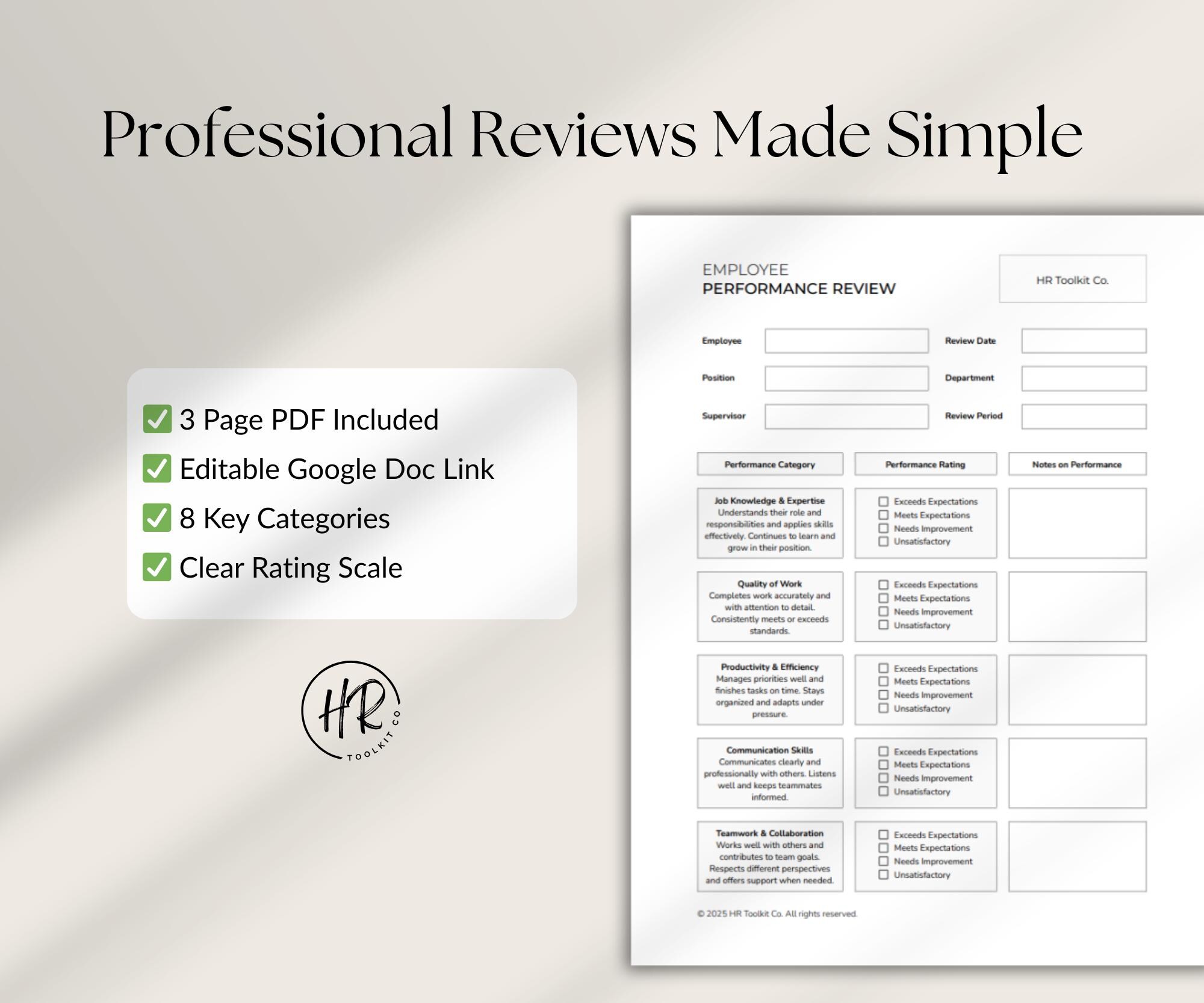Employee Performance Review Template | Editable PDF & Google Docs | HR ...