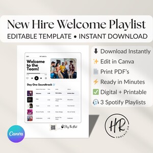 Może przedstawiać: Biały szablon do druku zatytułowany "New Hire Welcome Playlist" z tekstem "Welcome to the Team!" i listą piosenek. Szablon zawiera tekst "Edytowalny szablon • Natychmiastowe pobieranie" i logo Canva.