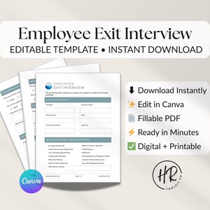 Puede incluir: Un conjunto de formularios de papel blanco con el texto "Employee Exit Interview" y "Editable Template Instant Download". Los formularios tienen acentos azules y grises e incluyen campos para la información del empleado y los motivos de salida. La imagen también incluye un logotipo de Canva y una lista de características.