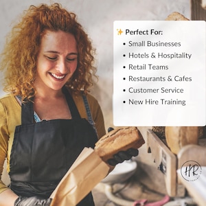 Puede incluir: Una persona sonriente, con una camisa amarilla y un delantal negro, sostiene un pan en una bolsa de papel. La imagen incluye el texto "Perfect For: Small Businesses, Hotels & Hospitality, Retail Teams, Restaurants & Cafes, Customer Service, New Hire Training."