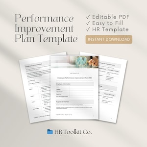 Puede incluir: Una plantilla digital titulada "Performance Improvement Plan Template" con el texto "Editable PDF", "Easy to Fill" y "HR Template". La plantilla está diseñada para profesionales de RRHH e incluye una opción de "Descarga instantánea".