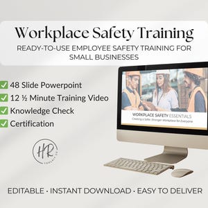 May include: A computer monitor displays "Workplace Safety Essentials" training materials. The image includes a keyboard, mouse, and text indicating a 48-slide PowerPoint, a 12 1/2 minute training video, a knowledge check, and certification. The text also states "Ready-to-use employee safety training for small businesses."