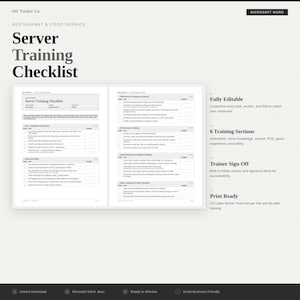 Könnte beinhalten: Eine Vorlage für eine Kellner-Trainings-Checkliste mit dem Titel "Server Training Checklist". Die Checkliste ist für das Restaurantpersonal konzipiert und enthält Abschnitte für Schulung und Unterschrift. Enthält die Texte "Vollständig bearbeitbar" und "Druckfertig".