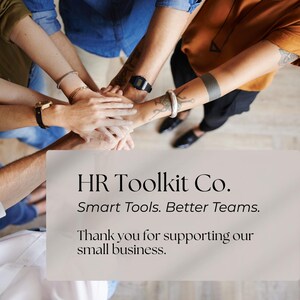 Puede incluir: Vista a&eacute;rea de un grupo de personas con las manos apiladas. La imagen incluye el texto "HR Toolkit Co. Smart Tools. Better Teams. Thank you for supporting our small business."