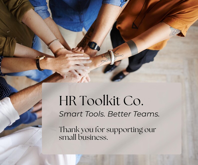 Puede incluir: Vista a&eacute;rea de un grupo de personas con las manos apiladas. La imagen incluye el texto "HR Toolkit Co. Smart Tools. Better Teams. Thank you for supporting our small business."