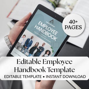 Puede incluir: Una tableta que muestra una plantilla de "Manual del empleado" con el texto "Plantilla de manual del empleado editable". La imagen muestra un grupo de personas diversas. Un gráfico circular indica "40+ PÁGINAS".