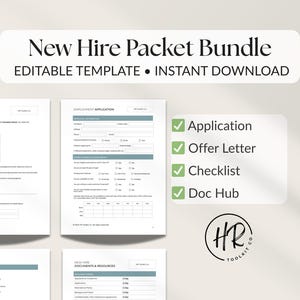 May include: A bundle of editable new hire documents. The image shows an offer letter, employment application, checklist, and document hub. The text reads "New Hire Packet Bundle, Editable Template, Instant Download."