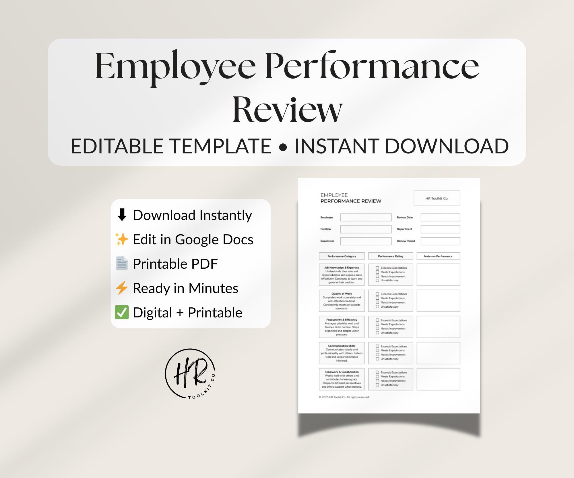 Employee Performance Review Template | Editable PDF & Google Docs | HR ...