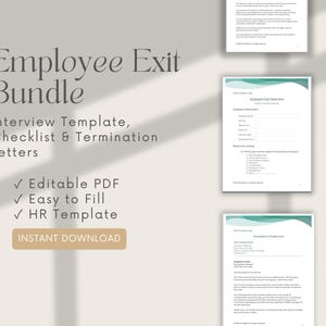 Könnte beinhalten: Ein Paket mit HR-Dokumenten, darunter eine Interviewvorlage, eine Checkliste und Kündigungsschreiben. Der Titel "Employee Exit Bundle" ist in einer dekorativen Schriftart dargestellt. Die Dokumente sind als bearbeitbare PDFs konzipiert und einfach auszufüllen.