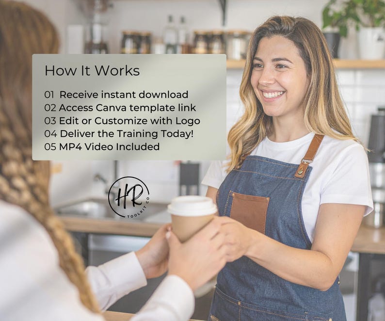 Puede incluir: Una persona sonriente con una camisa blanca y un delantal de mezclilla entrega una taza de caf&eacute; a otra persona. La imagen incluye texto que dice "C&oacute;mo funciona" y detalles sobre la descarga, el acceso a la plantilla y la formaci&oacute;n.