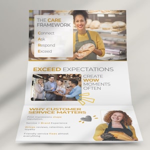 Puede incluir: Folleto plegado con el texto "THE CARE FRAMEWORK" y "WHY CUSTOMER SERVICE MATTERS". El folleto presenta im&aacute;genes de personas y productos horneados. El folleto es blanco con detalles en amarillo y gris.