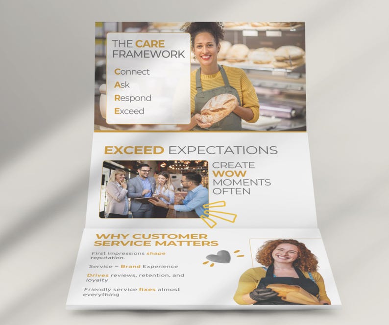 Puede incluir: Folleto plegado con el texto "THE CARE FRAMEWORK" y "WHY CUSTOMER SERVICE MATTERS". El folleto presenta im&aacute;genes de personas y productos horneados. El folleto es blanco con detalles en amarillo y gris.