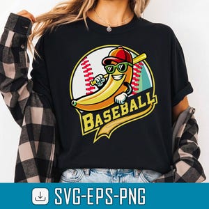 May include: Black t-shirt featuring a cartoon banana wearing sunglasses and a baseball cap, holding a baseball bat. The banana is set against a baseball and the word "BASEBALL" in a banner. The shirt also has the text "SVG-EPS-PNG".