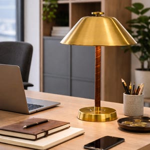 Könnte beinhalten: Eine Messing-Schreibtischlampe mit konischem Schirm und Holzschaft steht auf einem Holzschreibtisch. Die Lampe befindet sich neben einem Laptop, Notizbüchern, einem Stift, einem Smartphone und einem Stifthalter. Der Sockel und die Oberseite der Lampe sind aus Messing.