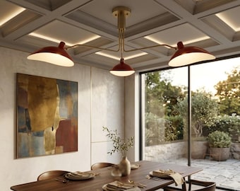 3-flammiger, gebogener Kronleuchter im Sputnik-Stil aus rohem Messing im Mid-Century-Modern-Design