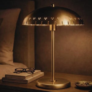 1950-tals svampbordslampa – Antikmässingsarbetslampa – Perforerad metallkupolbordslampa
