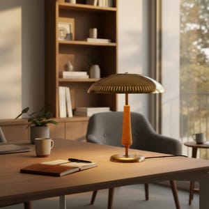 Vintage bordslampa i mässing och teak med perforerad kupolskärm från mitten av århundradet