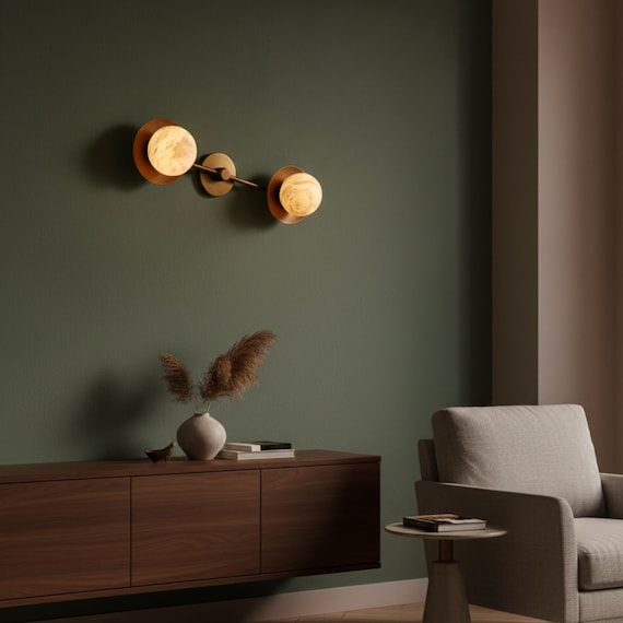 Mid Century Modern Alabaster Sconce - Double Globe Wall Light with Brass Finish - Minimalist Vanity Light