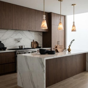 Handmade Alabaster Pendant Light, Brass & Marble, Modern Kitchen Island Lighting