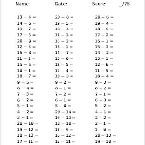 Può includere: Un foglio di lavoro di sottrazione intitolato "Subtraction Worksheet 3", con spazi per Nome, Data e Punteggio. Il foglio di lavoro presenta tre colonne di problemi di sottrazione, come 13 - 4 = e 20 - 8 =.