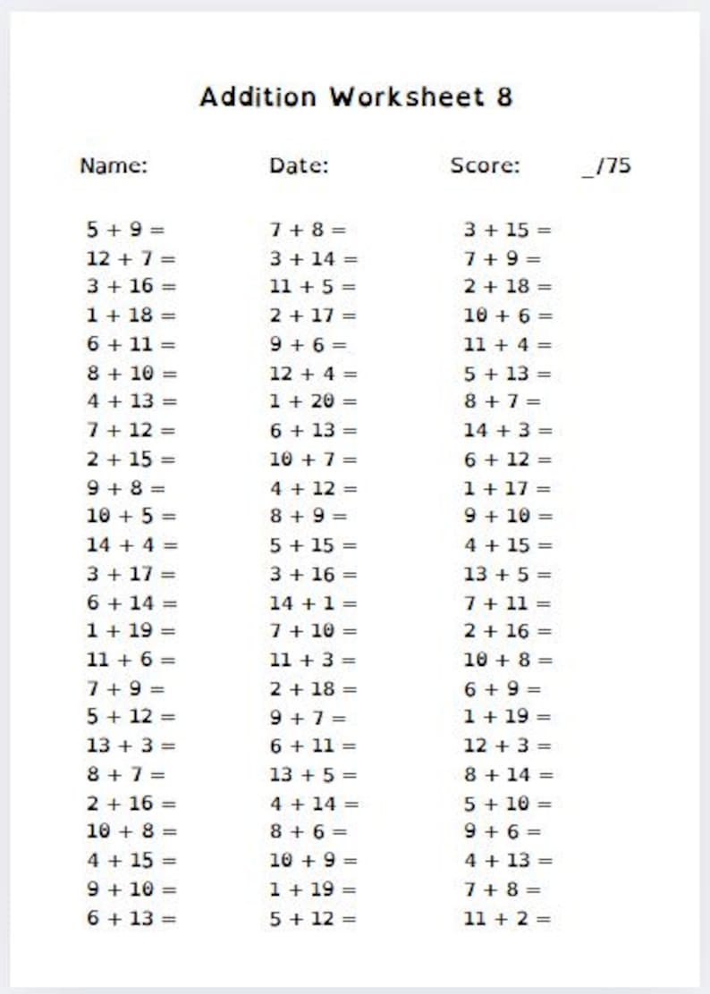 Addition Worksheets: Math Drills for Kids Ages 6-10 (PDF Printable) - Etsy