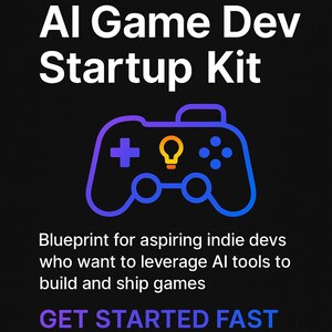 Op de afbeelding: Zwarte afbeelding met de tekst "AI Game Dev Startup Kit" in het wit. Hieronder een controller-pictogram met een plusteken en een gloeilamp. De tekst "Blueprint for aspiring indie devs who want to leverage AI tools to build and ship games" is ook opgenomen.