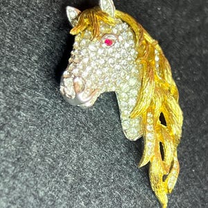 Attwood and Sawyer Vintage Horse Head Brooch – Gold-Tone with Crystals, Red Eye – Collectible Equestrian Jewelry