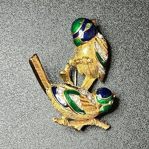 Vintage Attwood and Sawyer Double Bird Brooch – Green and Blue Enamel with Rhinestones - Signed