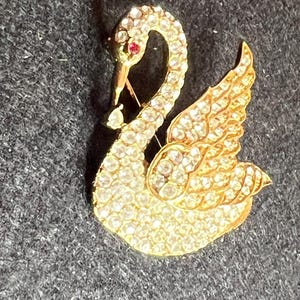 Attwood and Sawyer Vintage Swan Brooch – Gold-Tone with Rhinestones – Red Eye – Signed A&S – Elegant British Costume Jewelry