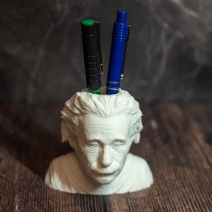 Einstein Bust Pencil Holder: Plastic Desk Organizer for Science Lovers