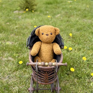 Op de afbeelding: Een bruine teddybeer zit in een vintage stijl rieten kinderwagen met een zwarte kap. De wagen heeft metalen wielen en een houten handvat. De scène speelt zich buiten af op een grasveld met paardenbloemen.