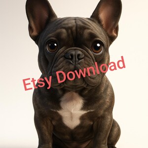 Könnte beinhalten: Digitale Illustration eines französischen Bulldoggen-Welpen mit dunkelbraunem Fell, großen braunen Augen und einem weißen Fleck auf der Brust. Das Bild hat den Text "Etsy Download" in Rot.