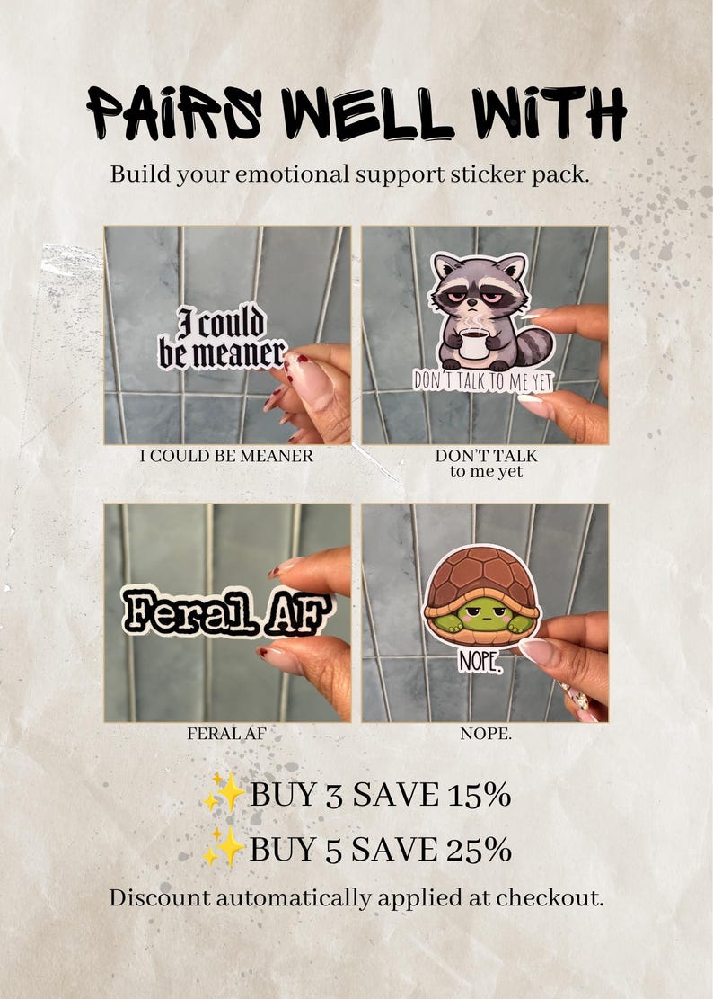 May include: A collection of four vinyl stickers featuring humorous text and illustrations. The designs include the phrases I could be meaner, Don't talk to me yet with a raccoon, Feral AF, and Nope with a turtle. These stickers are displayed as a set.