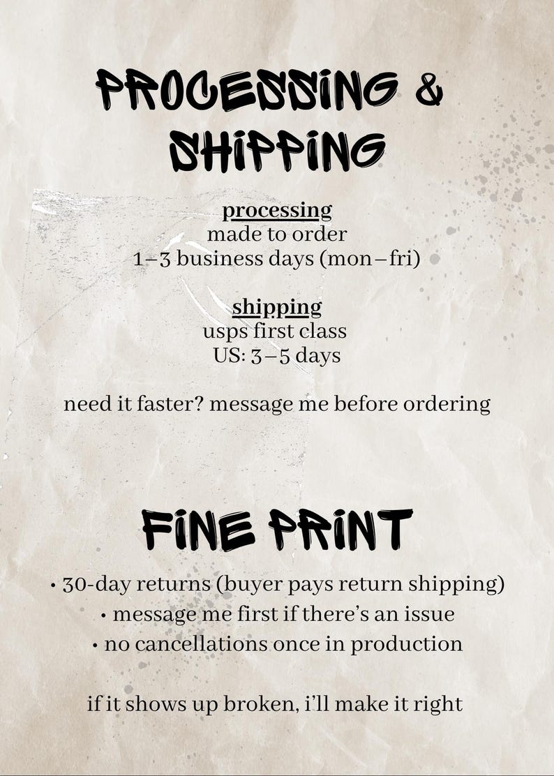 May include: A beige informational graphic with black text detailing shop policies. The text includes headings for Processing & Shipping and Fine Print, outlining business day timelines, USPS shipping, return policies, and communication instructions.