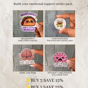 May include: A collection of four vinyl stickers featuring cartoon illustrations and text. Designs include a taco with the text NEUROSPICY AND A LITTLE CRUNCHY, a frog with UNDIAGNOSED BUT EVERYONE'S PRETTY SURE, a brain with HERE, USE THIS, and a brain with IT'S NOT A MELTDOWN, IT'S A SMALL RESET.