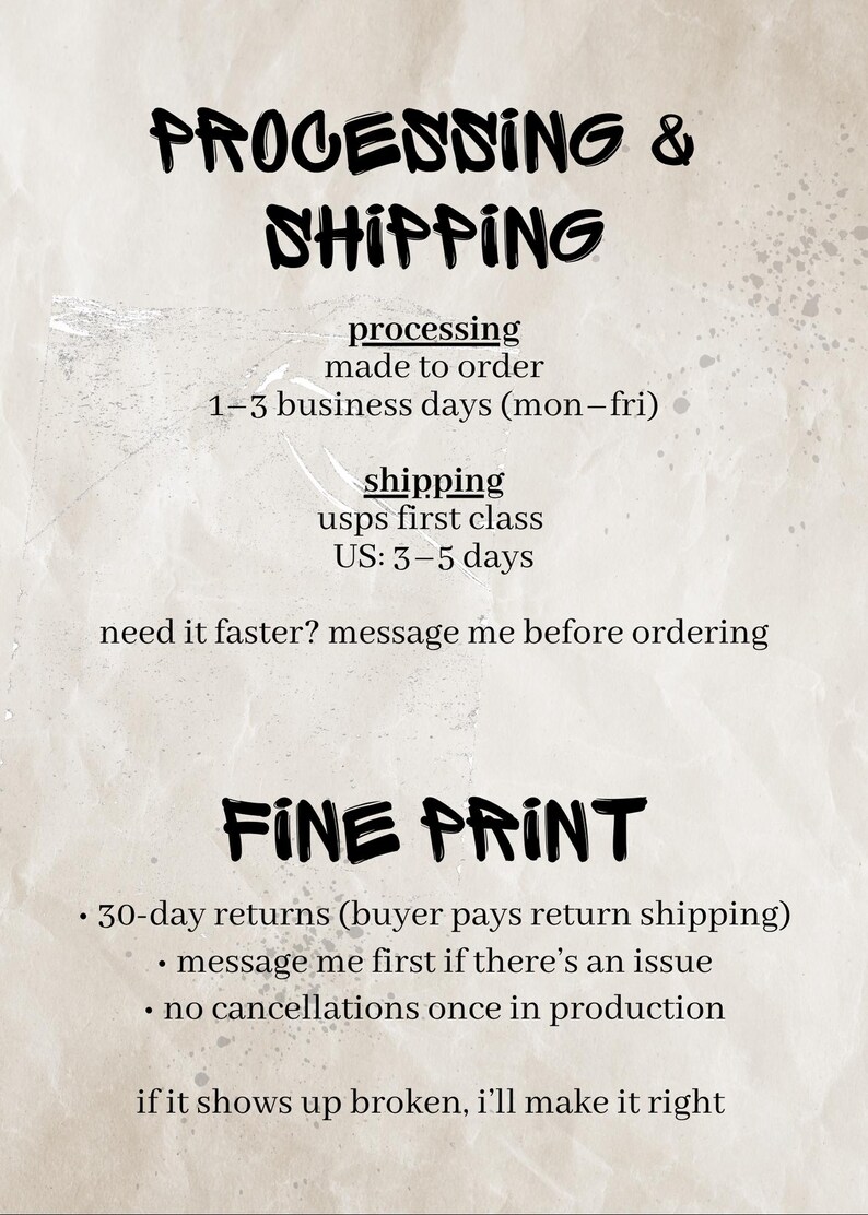 May include: A beige informational graphic with black text detailing shop policies. The text includes headings for Processing & Shipping and Fine Print, outlining business day timelines, USPS shipping, return policies, and communication instructions.