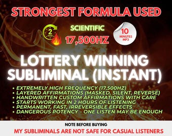 May include: An advertisement for a lottery winning subliminal audio program. The image features text that reads "Strongest Formula Used," "Lottery Winning Subliminal (Instant)," and details about the program's features and warnings.