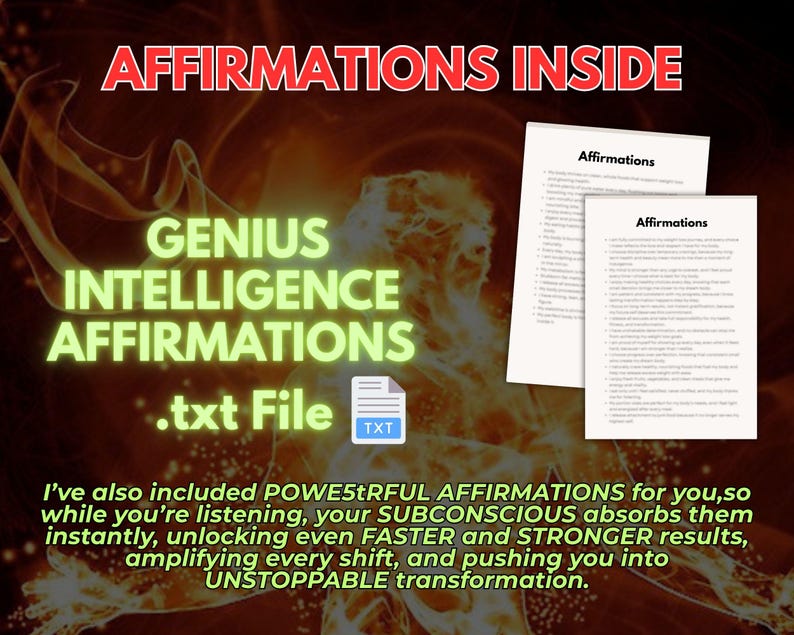 May include: A digital product display featuring the text AFFIRMATIONS INSIDE, GENIUS INTELLIGENCE AFFIRMATIONS .txt File, and a blue file icon. Two white paper documents with black text titled Affirmations are shown against a fiery orange background.