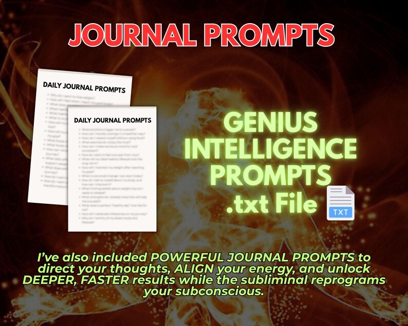 May include: Two white sheets of paper titled DAILY JOURNAL PROMPTS with lists of questions, alongside a text file icon labeled GENIUS INTELLIGENCE PROMPTS .txt File. The background features a glowing orange silhouette of a human figure.
