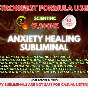 Peut inclure: Publicité pour un produit subliminal de guérison de l'anxiété. L'image présente du texte tel que "Formule la plus forte utilisée", "Scientifique", "17 500 Hz" et "Guérison de l'anxiété subliminale". Des détails supplémentaires sur les caractéristiques du produit et un avertissement.