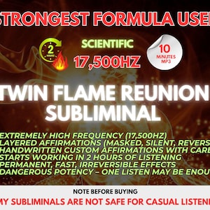 Peut inclure: Publicité pour un programme audio subliminal. Le texte indique « Formule la plus puissante utilisée » et « Réunion de flammes jumelles subliminale ». Le texte supplémentaire met en évidence des caractéristiques telles que la haute fréquence et les effets rapides. Le fond est un dégradé d'orange et de marron.