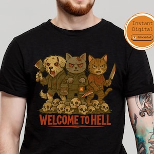 Könnte beinhalten: Schwarzes T-Shirt mit einer Cartoon-Illustration eines Hundes und zweier Katzen, die jeweils eine Waffe halten und auf Totenköpfen stehen. Der Text "WELCOME TO HELL" steht darunter. Oben rechts befindet sich ein Button "Sofortiger digitaler Download".