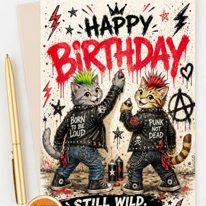 Könnte beinhalten: Geburtstagskarte mit zwei Punk-Katzen, die Graffiti sprühen. Der Text "Happy Birthday" ist rot, mit "Born to be Loud" und "Punk Not Dead" auf den Jacken der Katzen. Der Text "Still Wild. Still Awesome." ist ebenfalls vorhanden.