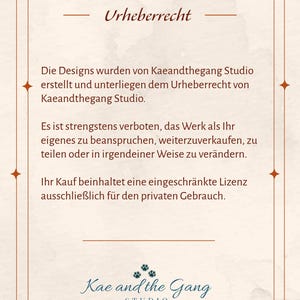 May include: A beige-colored card with a brown border and text in German. The text includes the word "Urheberrecht" and details about copyright and usage rights. The Kae and the Gang Studio logo is at the bottom.