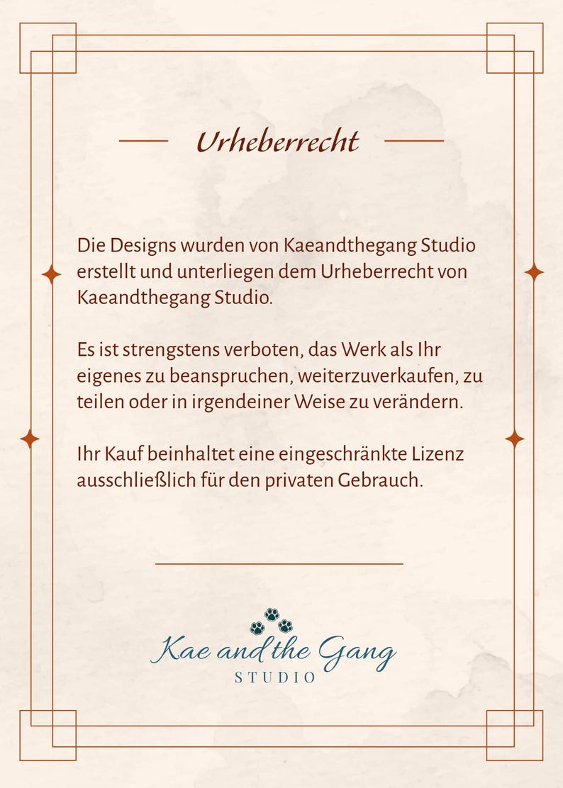 May include: A beige-colored card with a brown border and text in German. The text includes the word "Urheberrecht" and details about copyright and usage rights. The Kae and the Gang Studio logo is at the bottom.