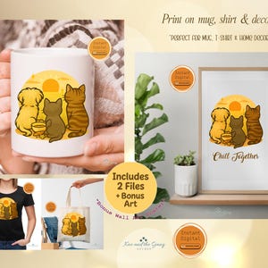 Könnte beinhalten: Eine weiße Tasse, ein schwarzes T-Shirt und eine Tragetasche mit einer Cartoon-Illustration eines Hundes, einer Katze und einer Katze, die unter einer gelben Sonne zusammensitzen. Das Bild erscheint auch als gerahmter Druck. Der Text lautet "Print on mug, shirt & decor!" und "Chill Together."