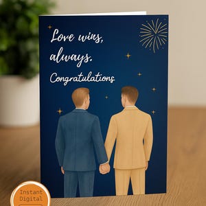 Carte de mariage gay imprimable – Félicitations pour les mariés – Format A4 pliable + PDF PNG 5x7 – Cartes de vœux de mariage LGBTQ numériques